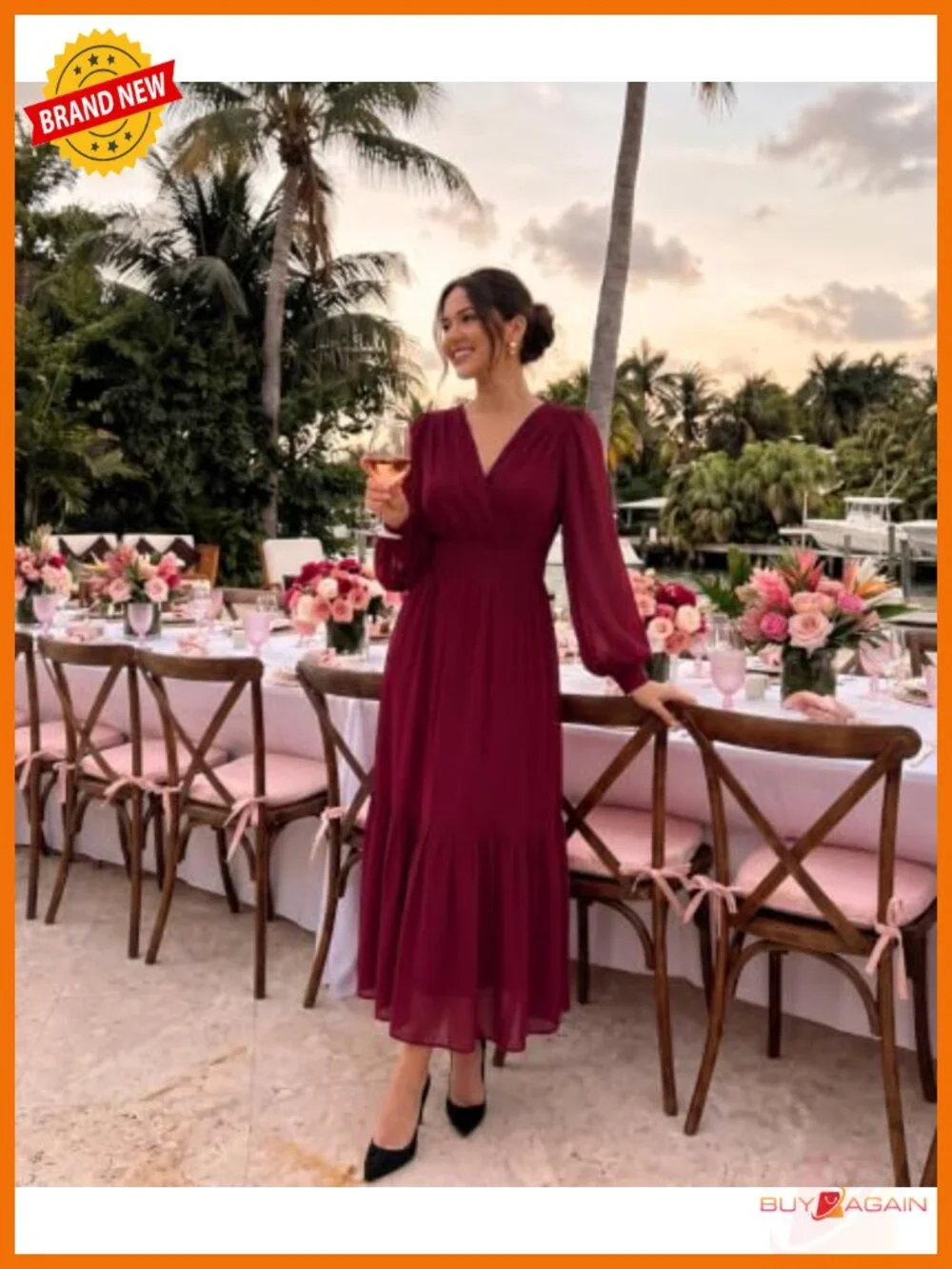 Womens Long Sleeve Maxi Dress V Neck Formal Wedding Guest Bridesmaid